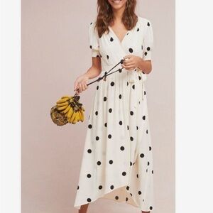 Maeve Cream Polka Dot Midi Wrap Dress